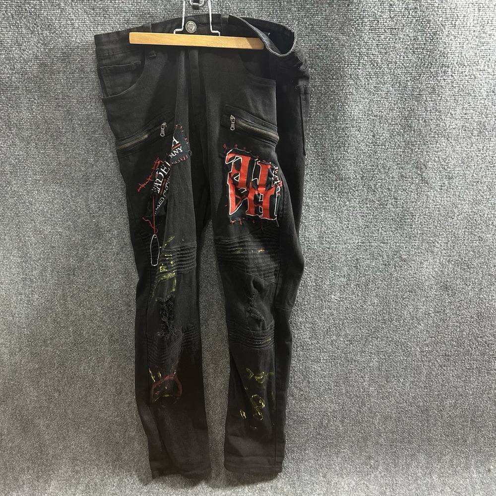 Waimea Men Black Skinny Fit Custom Philadelphia Moto Jeans 34x32 Distressed